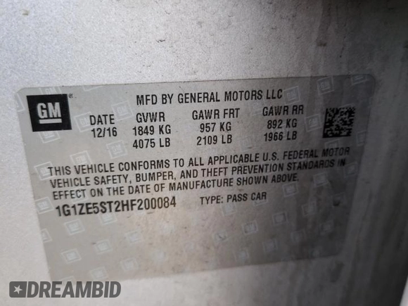 2017 Chevrolet Malibu LT with VIN 1G1ZE5ST2HF200084, listed as a Copart auction lot 51672925 with Not Provided miles and Salvage Title. Bid and sale history available at DreamBid. Image 12.