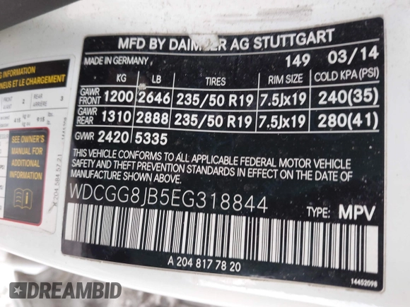 2014 Mercedes-Benz GLK 350 with VIN WDCGG8JB5EG318844, listed as a IAAI auction lot 41893624 with 141,320 mi miles and . Bid and sale history available at DreamBid. Image 9.