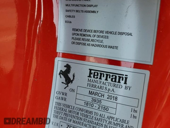 2018 Ferrari 488 z VIN ZFF79ALA0J0235841, wystawiony jako Copart lot #70033674 z przebiegiem Nie podano mil oraz Tytuł czysty. Historia ofert i sprzedaży dostępna na DreamBid. Obrazek 14.