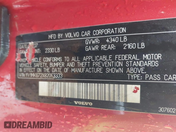 2008 Volvo C30 Version 1.0 with VIN YV1MK672X82063333, listed as a IAAI auction lot 41961102 with 172,489 mi miles and . Bid and sale history available at DreamBid. Image 9.