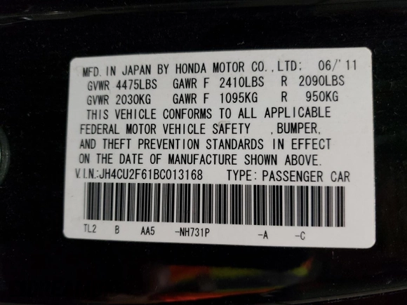 2011 Acura TSX with VIN JH4CU2F61BC013168, listed as a Copart auction lot 64827635 with 185,147 mi miles and Salvage title. Bid and sale history available at DreamBid. Image 12.