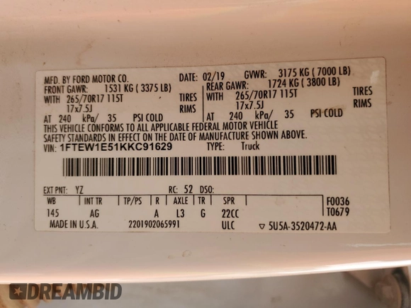 2019 Ford F-150 XL with VIN 1FTEW1E51KKC91629, listed as a Copart auction lot 44557935 with 183,798 mi miles and Clean Title. Bid and sale history available at carsss.com. Image 12.