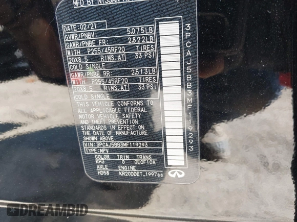 2021 Infiniti QX50 Luxe с VIN 3PCAJ5BB3MF119293, выставлен на аукционе IAAI как лот 41692398 с пробегом 36 261 миль миль и . История ставок и продаж доступна на DreamBid. Изображение 9.