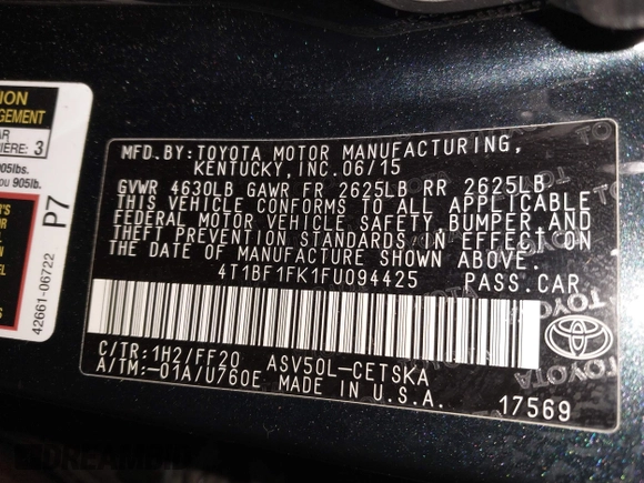 2015 Toyota Camry XLE with VIN 4T1BF1FK1FU094425, listed as a IAAI auction lot 41961648 with 191,458 mi miles. Bid and sale history available at carsss.com. Image 9.