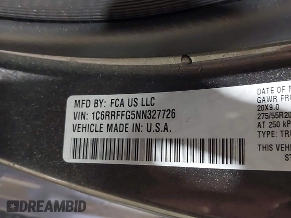 2022 Ram 1500 Big Horn with VIN 1C6RRFFG5NN327726, listed as a IAAI auction lot 41542861 with 26,542 mi miles and . Bid and sale history available at DreamBid. Image 9.