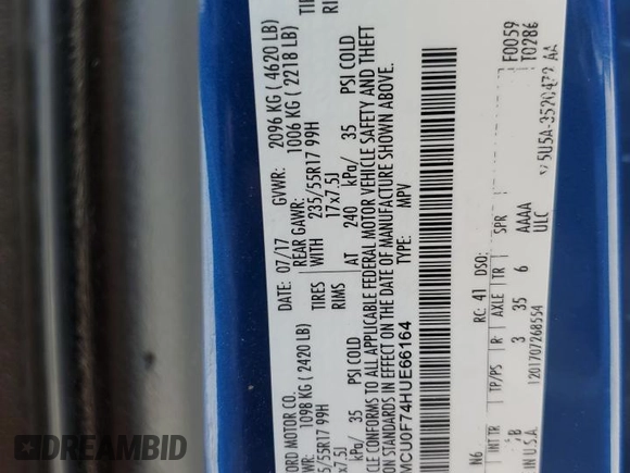2017 Ford Escape S с VIN 1FMCU0F74HUE66164, выставлен на аукционе Copart как лот 54712135 с пробегом 103 578 миль миль и Списание • Salvage title. История ставок и продаж доступна на DreamBid. Изображение 13.