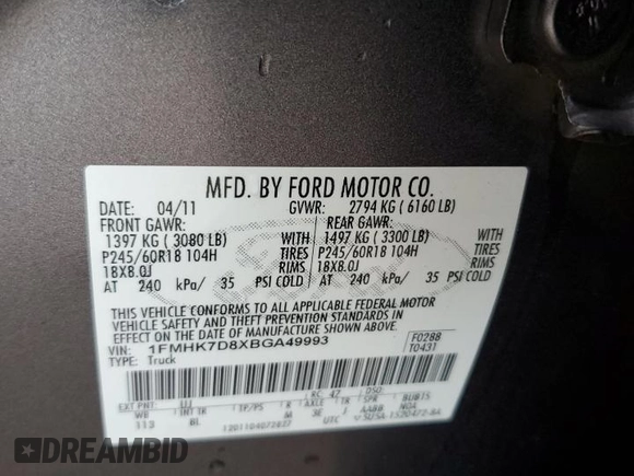2011 Ford Explorer XLT with VIN 1FMHK7D8XBGA49993, listed as a Copart auction lot 59285765 with 171,062 mi miles and Non repairable. Bid and sale history available at DreamBid. Image 13.