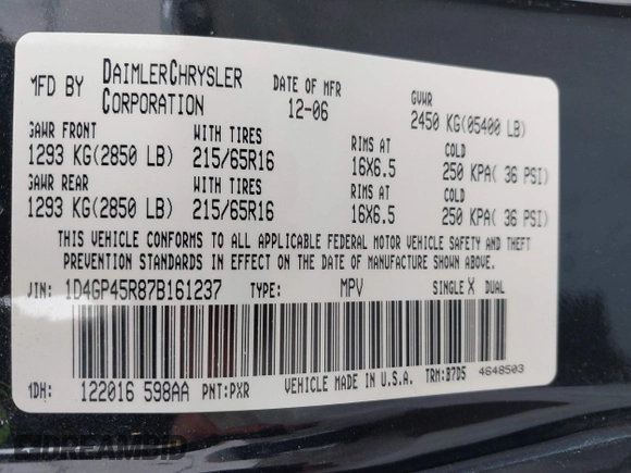 2007 Dodge Caravan SXT with VIN 1D4GP45R87B161237, listed as a IAAI auction lot 41594127 with 154,508 mi miles and . Bid and sale history available at DreamBid. Image 9.