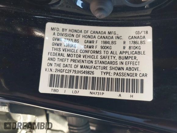 2018 Honda Civic EX with VIN 2HGFC2F79JH549826, listed as a IAAI auction lot 41697583 with 71,384 mi miles and . Bid and sale history available at DreamBid. Image 9.