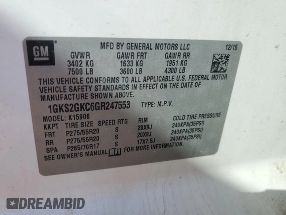 2016 GMC Yukon XL SLT with VIN 1GKS2GKC6GR247553, listed as a Copart auction lot 50373365 with 143,834 mi miles and Clean Title. Bid and sale history available at DreamBid. Image 13.