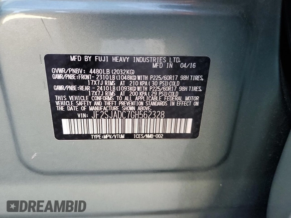 2016 Subaru Forester 2.5i Premium with VIN JF2SJADC7GH562328, listed as a Copart auction lot 71260864 with 121,860 mi miles and Salvage Title. Bid and sale history available at carsss.com. Image 15.