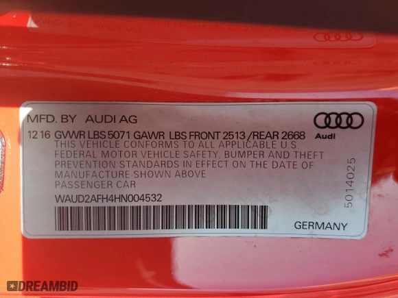 2017 Audi A5 Cabriolet Sport with VIN WAUD2AFH4HN004532, listed as a Copart auction lot 51471265 with 69,014 mi miles and Salvage Title. Bid and sale history available at carsss.com. Image 13.