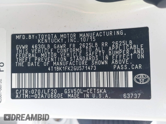 2016 Toyota Camry XSE with VIN 4T1BK1FK2GU571473, listed as a IAAI auction lot 41095181 with 63,677 mi miles. Bid and sale history available at carsss.com. Image 9.