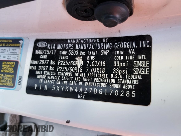 2011 Kia Sorento SX with VIN 5XYKW4A27BG170285, listed as a Copart auction lot 42958625 with 72,842 mi miles and Clean Title. Bid and sale history available at carsss.com. Image 13.