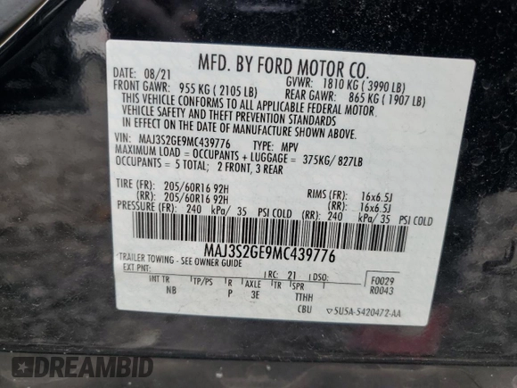 2021 Ford EcoSport SE z VIN MAJ3S2GE9MC439776, wystawiony jako Copart lot #56929745 z przebiegiem 35 395 mil mil oraz Szkoda całkowita • Salvage title. Historia ofert i sprzedaży dostępna na DreamBid. Obrazek 12.