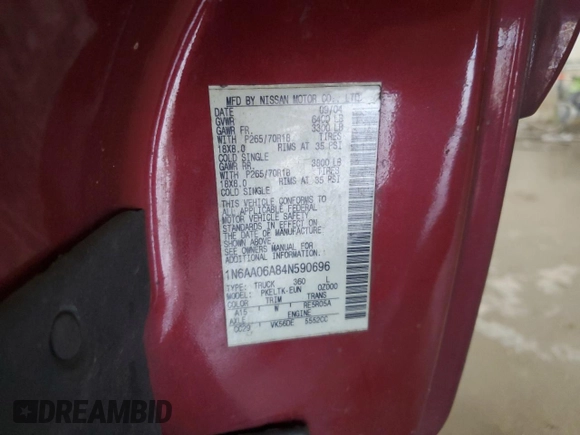 2004 Nissan Titan SE z VIN 1N6AA06A84N590696, wystawiony jako Copart lot #55947145 z przebiegiem 244 851 mil mil oraz Szkoda całkowita • Salvage title. Historia ofert i sprzedaży dostępna na DreamBid. Obrazek 13.