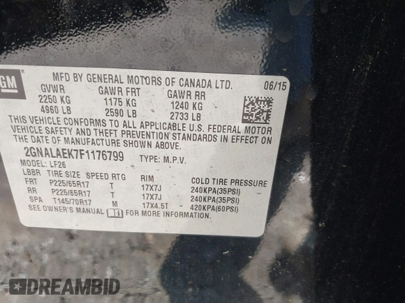 2015 Chevrolet Equinox LS z VIN 2GNALAEK7F1176799, wystawiony jako IAAI lot #41768447 z przebiegiem 99 311 mil mil oraz . Historia ofert i sprzedaży dostępna na DreamBid. Obrazek 9.