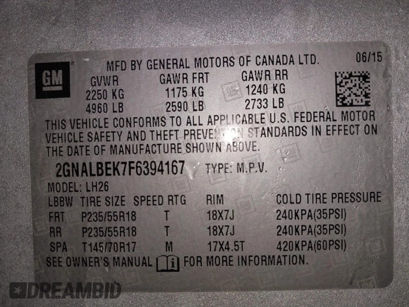 2015 Chevrolet Equinox LT with VIN 2GNALBEK7F6394167, listed as a IAAI auction lot 41520900 with 112,528 mi miles. Bid and sale history available at carsss.com. Image 9.