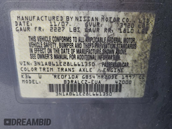2008 Nissan Sentra S z VIN 3N1AB61E28L661350, wystawiony jako Copart lot #57856715 z przebiegiem 54 505 mil mil oraz Szkoda całkowita • Salvage title. Historia ofert i sprzedaży dostępna na DreamBid. Obrazek 12.