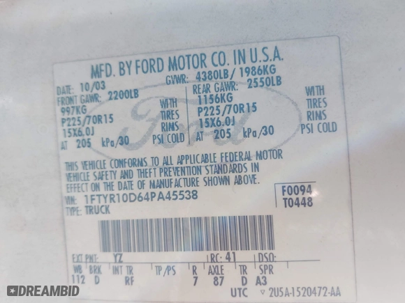 2004 Ford Ranger XL with VIN 1FTYR10D64PA45538, listed as a IAAI auction lot 41606994 with 182,287 mi miles. Bid and sale history available at carsss.com. Image 9.