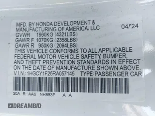 2024 Honda Accord LX z VIN 1HGCY1F25RA057145, wystawiony jako IAAI lot #41384624 z przebiegiem Nie podano mil oraz . Historia ofert i sprzedaży dostępna na DreamBid. Obrazek 9.