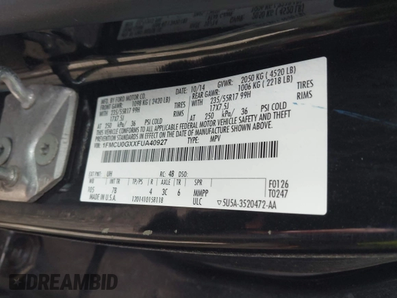 2015 Ford Escape SE with VIN 1FMCU0GXXFUA40927, listed as a IAAI auction lot 40735395 with Not Provided miles. Bid and sale history available at carsss.com. Image 9.
