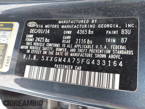 2015 Kia Optima LX with VIN 5XXGM4A75FG433164, listed as a IAAI auction lot 42537071 with 147,214 mi miles and . Bid and sale history available at DreamBid. Image 9.