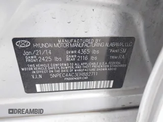2014 Hyundai Sonata SE with VIN 5NPEC4AC3EH882711, listed as a IAAI auction lot 42192424 with 189,279 mi miles and . Bid and sale history available at DreamBid. Image 9.