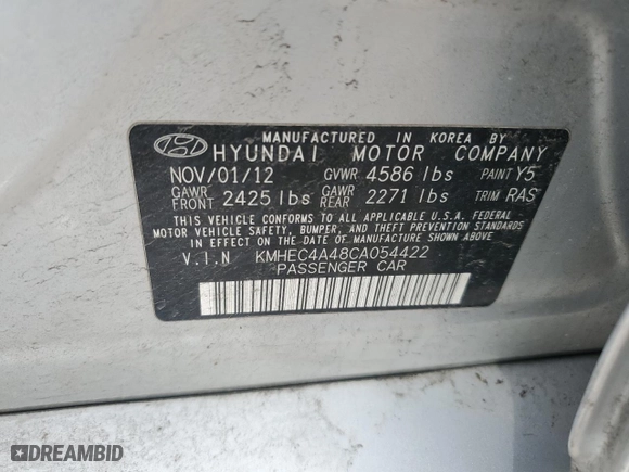 2012 Hyundai Sonata Hybrid with VIN KMHEC4A48CA054422, listed as a Copart auction lot 50833125 with NaN miles and Clean Title. Bid and sale history available at carsss.com. Image 12.