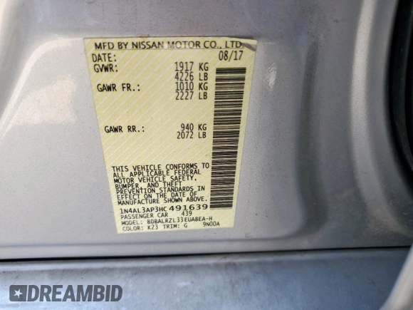 2017 Nissan Altima S with VIN 1N4AL3AP3HC491639, listed as a Copart auction lot 59017075 with 117,579 mi miles and Salvage title. Bid and sale history available at DreamBid. Image 12.