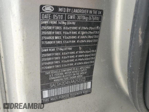 2010 Land Rover Range Rover Sport HSE Lux with VIN SALSK2D4XAA252323, listed as a Copart auction lot 60512735 with Not provided miles and Clean title. Bid and sale history available at DreamBid. Image 13.