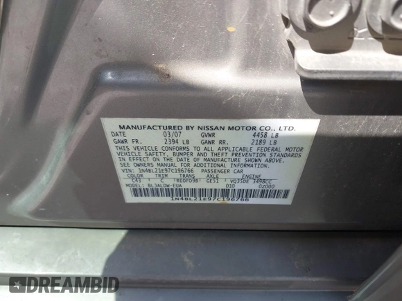 2007 Nissan Altima SL with VIN 1N4BL21E97C196766, listed as a IAAI auction lot 42032823 with 164,514 mi miles and . Bid and sale history available at DreamBid. Image 9.