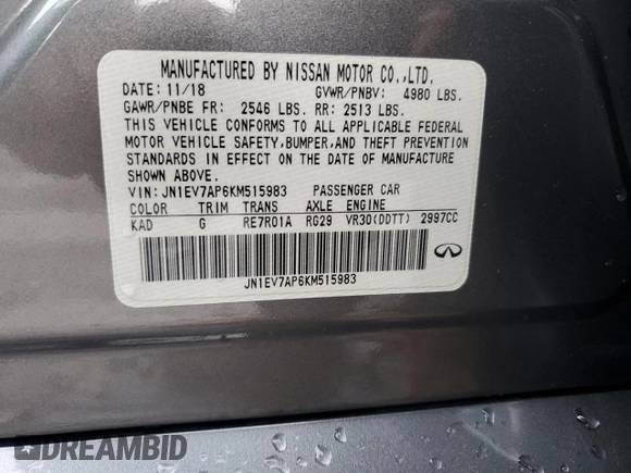 2019 Infiniti Q50 Sport with VIN JN1EV7AP6KM515983, listed as a Copart auction lot 84332744 with 59,812 mi miles and Salvage title. Bid and sale history available at DreamBid. Image 12.