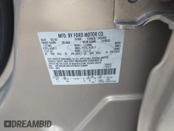 2007 Ford Edge SEL PLUS with VIN 2FMDK39C07BA72489, listed as a IAAI auction lot 42184160 with 193,123 mi miles. Bid and sale history available at carsss.com. Image 9.