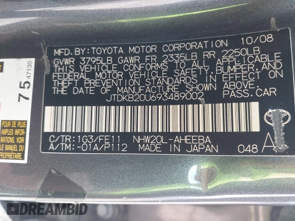 2009 Toyota Prius with VIN JTDKB20U693489002, listed as a IAAI auction lot 41881663 with 220,289 mi miles. Bid and sale history available at carsss.com. Image 9.