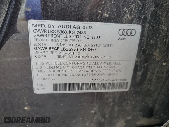 2014 Audi Q5 Premium Plus with VIN WA1LFAFP5EA019306, listed as a Copart auction lot 54122285 with 209,974 mi miles and Clean Title. Bid and sale history available at carsss.com. Image 13.
