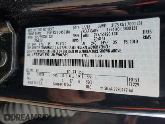 2018 Ford F-150 XL with VIN 1FTEW1E51JKE90789, listed as a Copart auction lot 51926975 with 83,707 mi miles and Salvage Title. Bid and sale history available at DreamBid. Image 12.