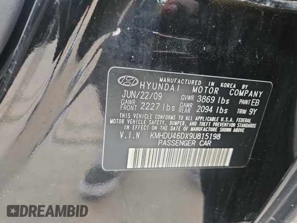 2009 Hyundai Elantra SE with VIN KMHDU46DX9U815198, listed as a Copart auction lot 61820665 with 92,543 mi miles and Clean title. Bid and sale history available at DreamBid. Image 10.