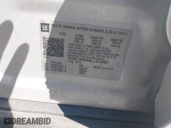 2020 Chevrolet Trax LS with VIN 3GNCJKSB8LL313882, listed as a IAAI auction lot 42030112 with 34,072 mi miles and . Bid and sale history available at DreamBid. Image 9.