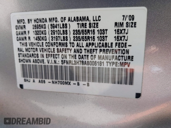 2010 Honda Odyssey EX-L with VIN 5FNRL3H78AB006181, listed as a IAAI auction lot 38906387 with 171,426 mi miles and . Bid and sale history available at DreamBid. Image 9.