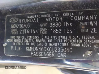 2006 Hyundai Elantra GLS with VIN KMHDN46DX6U235040, listed as a IAAI auction lot 42577175 with 111,754 mi miles and . Bid and sale history available at DreamBid. Image 9.