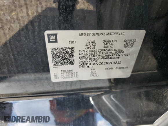 2018 Chevrolet Tahoe LS с VIN 1GNSCAKC0JR213211, выставлен на аукционе Copart как лот 61912895 с пробегом 51 847 миль миль и Списание • Salvage title. История ставок и продаж доступна на DreamBid. Изображение 13.