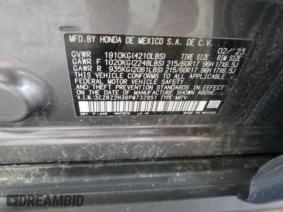 2023 Honda HR-V LX with VIN 3CZRZ2H36PM732951, listed as a Copart auction lot 61979945 with 19,752 mi miles and Salvage title. Bid and sale history available at DreamBid. Image 14.