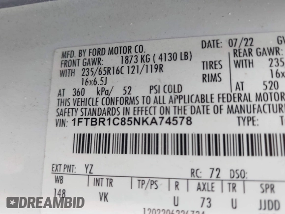 2022 Ford Transit Cargo with VIN 1FTBR1C85NKA74578, listed as a IAAI auction lot 42316744 with 63,376 mi miles and . Bid and sale history available at DreamBid. Image 9.