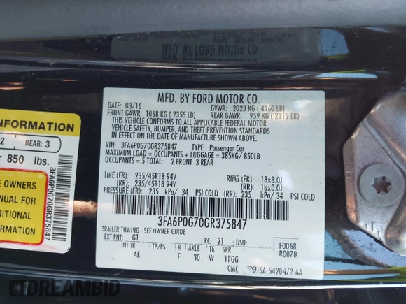 2016 Ford Fusion S with VIN 3FA6P0G70GR375847, listed as a IAAI auction lot 41818306 with 74,565 mi miles. Bid and sale history available at carsss.com. Image 9.