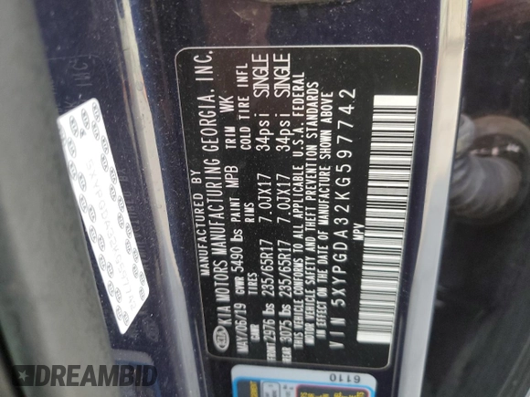 2019 Kia Sorento LX with VIN 5XYPGDA32KG597742, listed as a Copart auction lot 48980545 with 98,618 mi miles and Salvage Title. Bid and sale history available at carsss.com. Image 15.