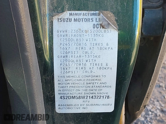 2001 Isuzu Rodeo S z VIN 4S2DM58W214322178, wystawiony jako IAAI lot #41398609 z przebiegiem 180 017 mil mil oraz . Historia ofert i sprzedaży dostępna na DreamBid. Obrazek 9.