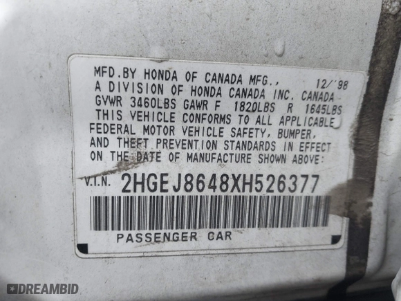 1999 Honda Civic EX with VIN 2HGEJ8648XH526377, listed as a IAAI auction lot 41517330 with 167,375 mi miles. Bid and sale history available at carsss.com. Image 9.