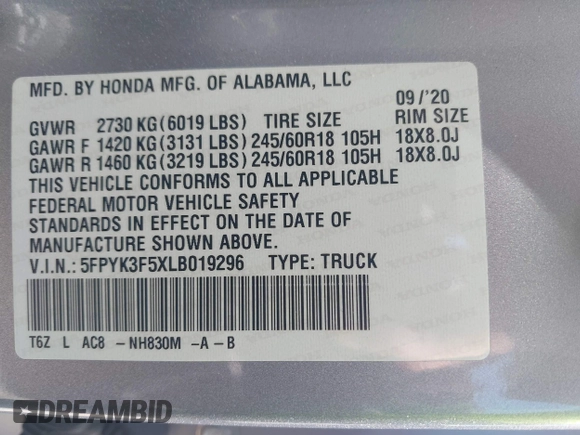 2020 Honda Ridgeline RTL with VIN 5FPYK3F5XLB019296, listed as a IAAI auction lot 42204290 with 48,197 mi miles and . Bid and sale history available at DreamBid. Image 9.