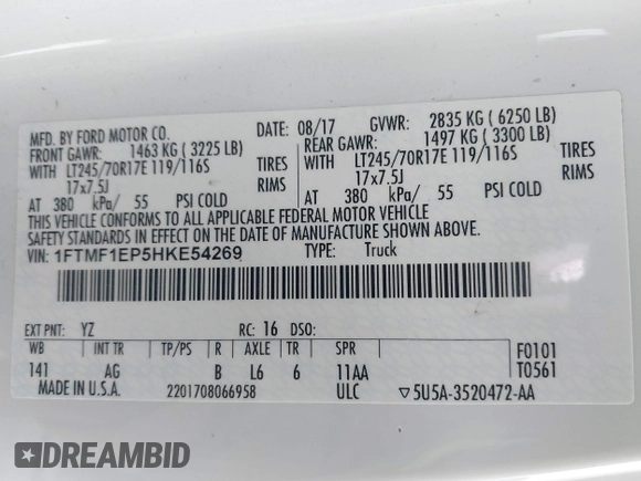 2017 Ford F-150 XL with VIN 1FTMF1EP5HKE54269, listed as a IAAI auction lot 41282914 with 92,569 mi miles and . Bid and sale history available at DreamBid. Image 9.